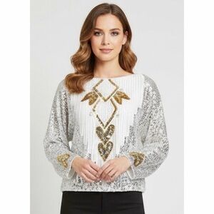 VTG Sequin Gold Hearts Beaded Embellished Crop Top Disco Valentine Retro Blouse